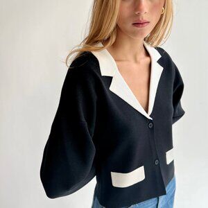 Oak + Fort Black & Cream Contrast Knit Cardigan Blazer | Size S